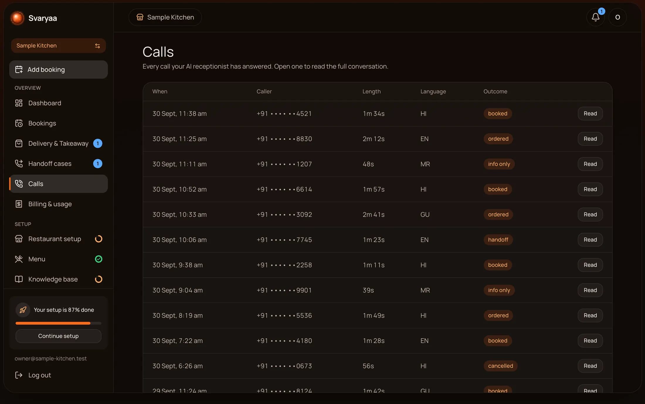 The Svaryaa dashboard's Calls page: each answered call with its time, length, language and outcome, from a sample restaurant.